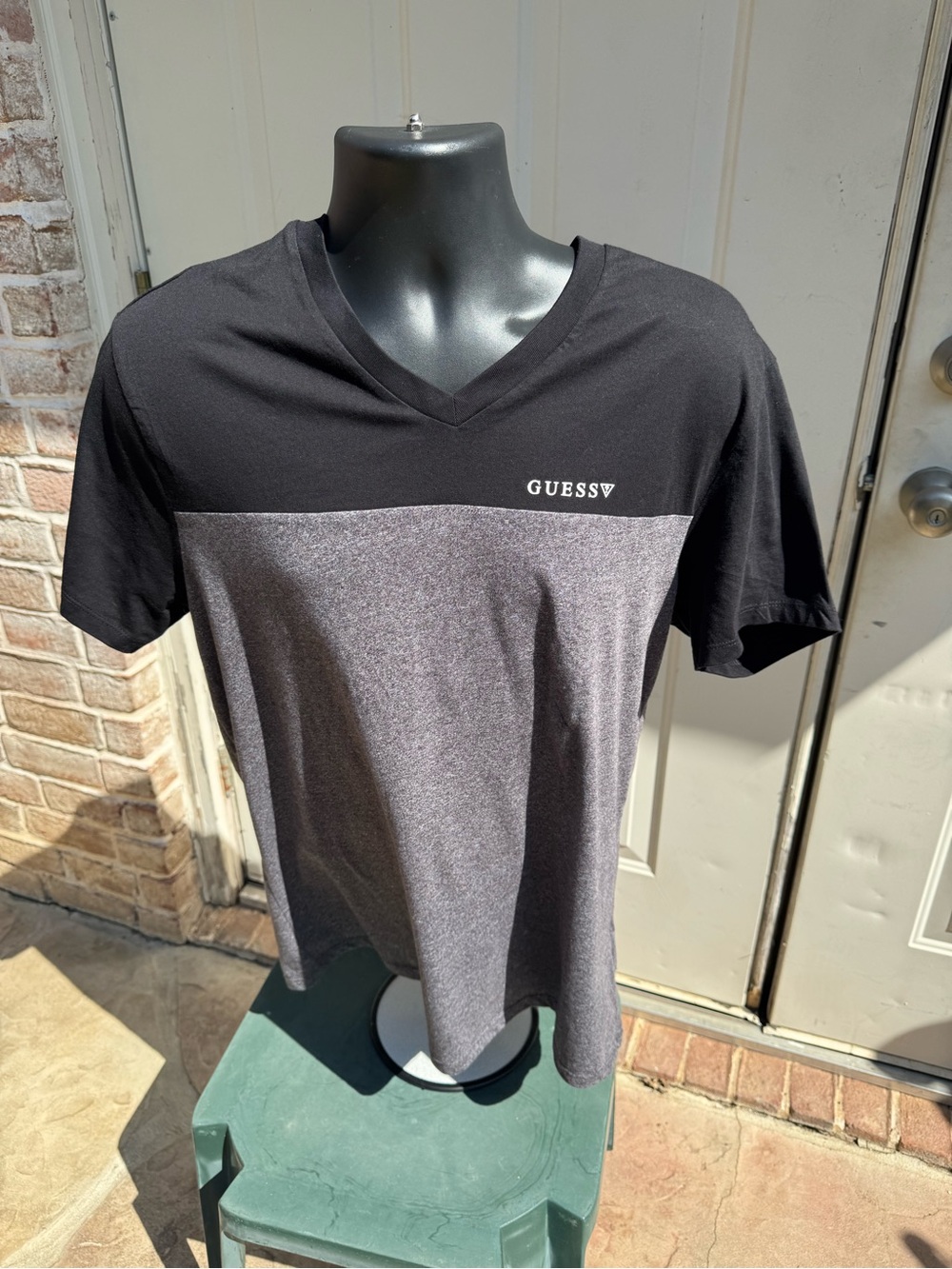 GUESS, Men’s, Two-Tone, V-Neck Tee, — Black and Charcoal Heather, Size Large - Picture 1 of 4